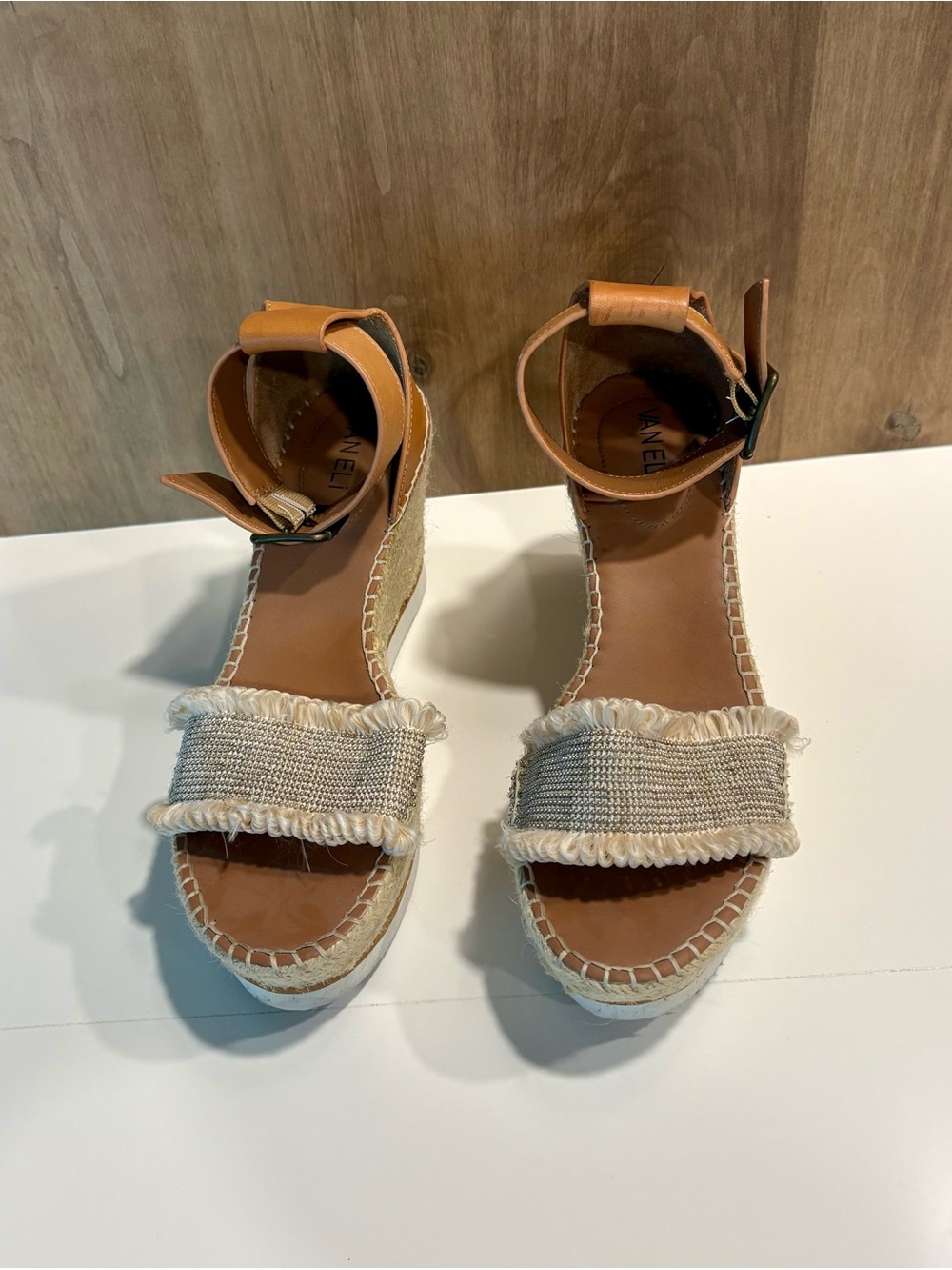 Vaneli Tan & Beige Wedge Narrow Sandals